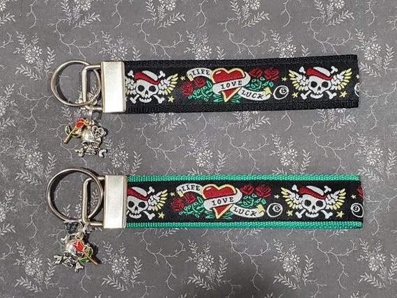 Jacquard Ribbon/Nylon Web 1" wide (25mm) Key Fobs, Skulls & Roses w/Charms, Keychain, Wristlet, Luggage Tags 5.5" long, Zipper Pulls