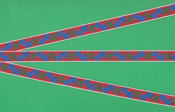 NOVELTY/Fruit B-08-A Jacquard Ribbon Cotton Trim 1/2" Wide (13mm) VINTAGE, Blueberries w/Green Leaves on Red Background, Per Yard