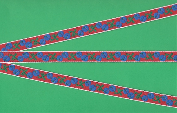 NOVELTY/Fruit B-08-A Jacquard Ribbon Cotton Trim 1/2" Wide (13mm) VINTAGE, Blueberries w/Green Leaves on Red Background, Per Yard