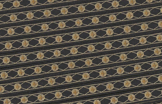 KAFKA A-17/16 Jacquard Ribbon Organic Cotton Woven Trim 7/16" wide (10mm) Black Background w/Tan Lines & Ovals, Golden Beige Center Accents
