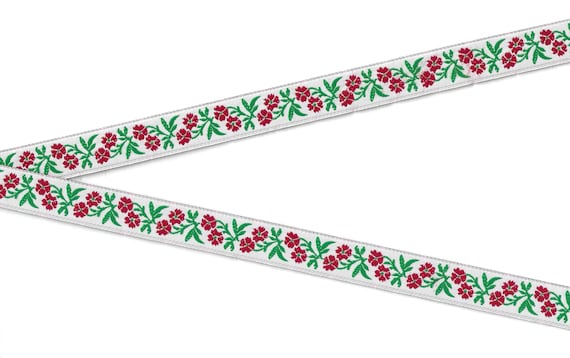 FLORAL C-01-B Jacquard Ribbon Polyester Trim 5/8" wide (16mm) White w/Red Blossoms