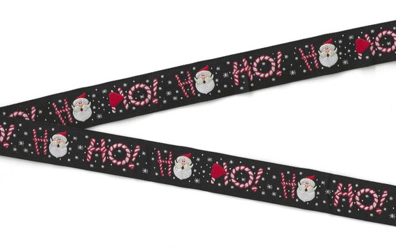 HOLIDAY E-41-A Jacquard Ribbon Polyester Trim 7/8" Wide (22mm) Black Background w/Santa, Candy Canes & "HO! HO!" Greeting, Per Yard