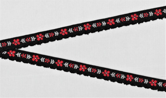 FLORAL C-59-A Jacquard Ribbon Cotton Trim 5/8" wide (16mm) Black Background w/Scalloped Edge, Red Flowers, White Accents