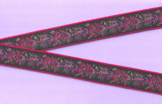 FLORAL TAPESTRY F-20-D Jacquard Ribbon Poly/Cotton Trim 1-1/8" wide (28mm) Black, Red Borders Pink/Purple Floral, Gold Metallic Accents