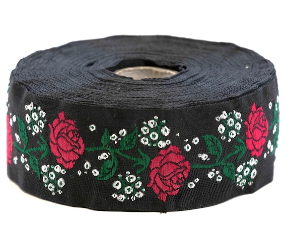 KAFKA G-08/02 Jacquard Ribbon Woven Organic Cotton Trim 1-1/4" wide (32mm) Black Background w/Red Roses & White Gypsophila