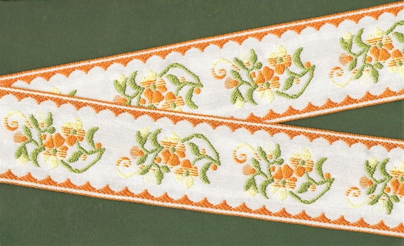 VINTAGE FLORAL K-21-A Jacquard Ribbon Cotton Trim, 2" Wide (50mm) Made in Italy, White with Yellow & Orange Flowers, Olive Leaves, Per Yard