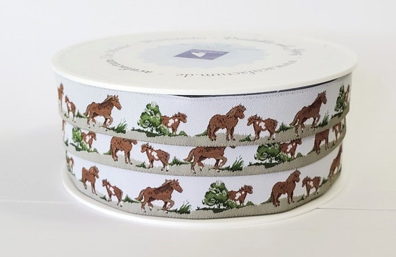 SOPHIA DRESCHER Animals Jacquard Ribbon Woven Trim 5/8" wide (16mm) From Germany, White Background, Brown Horses & Ponies in Green Pasture