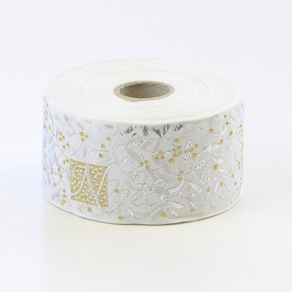 KAFKA H-03/N-01 Jacquard Ribbon Woven Organic Cotton Trim 1-1/2" wide (38mm) "NOEL" White w/Mistletoe & Berries Silver Gold Accents