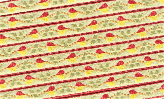 HEARTS/FLOWERS B-12-D Jacquard Ribbon Rayon 1/2" wide (13mm) Ivory with Red & Yellow Hearts, Orange Dots and Olive Leaves