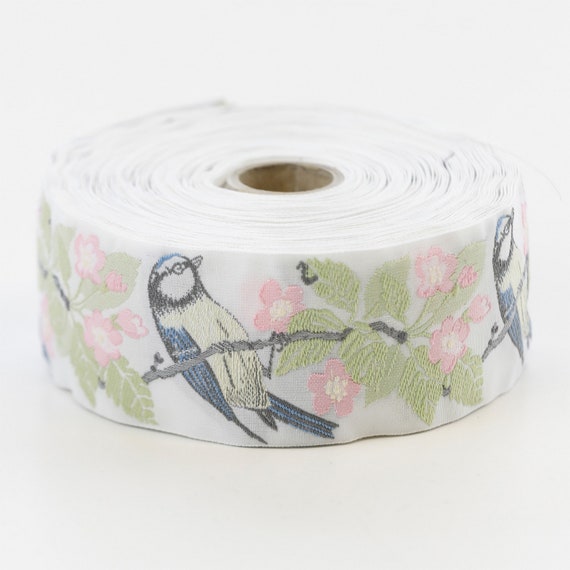 KAFKA H-12/01 Jacquard Ribbon Woven Organic Cotton Trim 1-1/2" wide (40mm) White w/Blue & Yellow Titmouse Birds, Pink Cherry Blossoms
