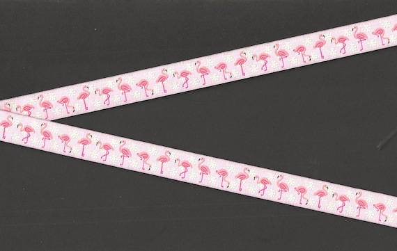 ANIMALS/Birds C-23-C Jacquard Ribbon Poly Trim 5/8" Wide (16mm) From France, Pale Pink Background w/Pink Flamingos, White Flowers