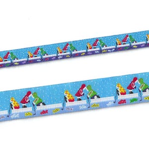 RDS 15-A Jacquard Ribbon Poly Trim 1/2" (13mm) or 7/8" (22mm) "Ice Fishing" Blue w/Children & Fish