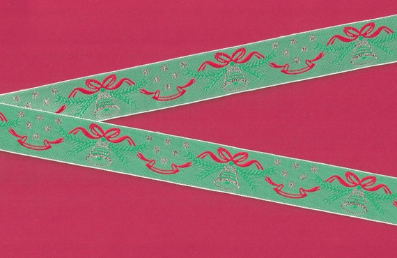 HOLIDAY F-11-A Jacquard Ribbon Poly Trim 1" Wide (25mm) VINTAGE Pretty Green White Border Metallic Gold Bells & Stars w/Red Bows, Per Yard