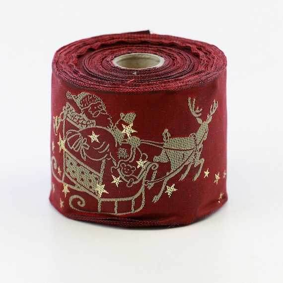 KAFKA L-03/02 Jacquard Ribbon Woven Organic Cotton Trim 2-3/8" wide (60mm) Burgundy w/Santa Sleigh & Reindeer in Tan w/Metallic Gold Accents