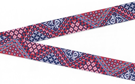 G-DP-02uu FLORAL Jacquard Ribbon Poly Trim, 1-1/8" Wide (28mm) Douglas Paquette "Red/Navy Bandanna" in Red/White & Navy Blue, Per Yard