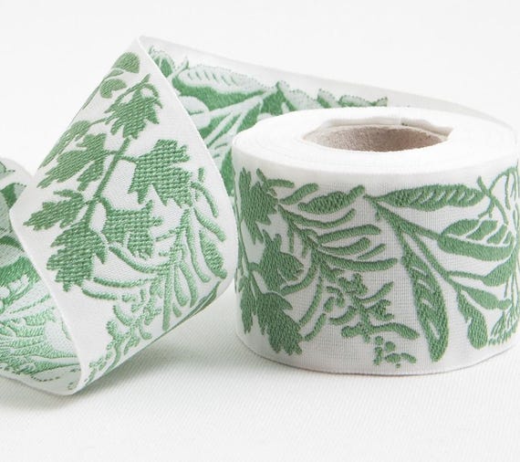KAFKA G-23/03 Jacquard Ribbon Woven Organic Cotton Trim 1-1/4" wide (32mm) White Background w/Green Herbs, French Country