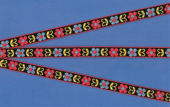 FLORAL B-29-A Jacquard Ribbon Cotton Trim 1/2" wide (13mm) Black Background, Red & Blue Flowers w/Yellow Motif, Red Borders