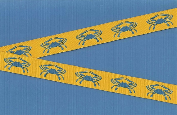 ANIMALS/Water E-01-A Jacquard Ribbon Polyester Trim 7/8" Wide (22mm) REVERSIBLE Natalie Dansey Design, Blue Crabs on Golden Yellow