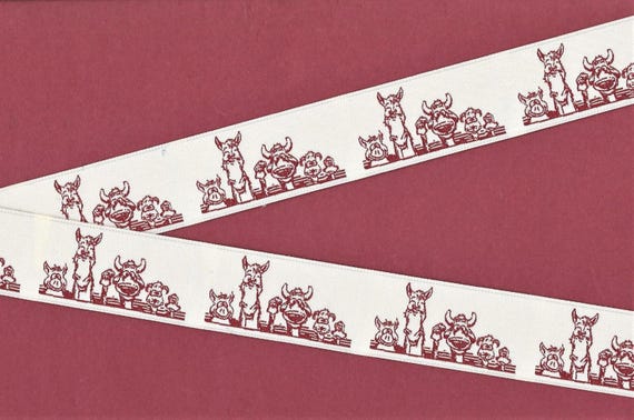 ANIMALS/Farm G-02 Jacquard Ribbon Poly Trim 1-1/16" wide (26mm) Cream Background w/Cartoon Style Smiling Barn Animals in Burgundy