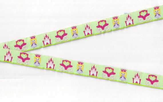 CHILDREN's Fairy Tales C-13-B Jacquard Ribbon Poly Trim 5/8" Wide (16mm) Pale Green w/Princess, Crown, Coach & Castle