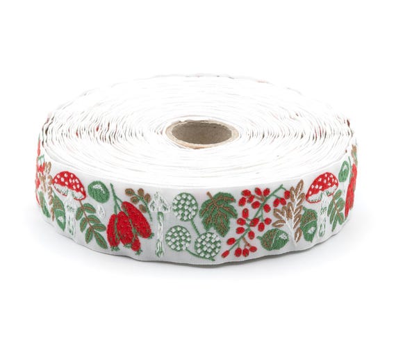 KAFKA F-19/01 Jacquard Ribbon Woven Organic Cotton Trim 1" wide (25mm) NEW! White Background w/Toadstools, Leaves & Autumn Fruits