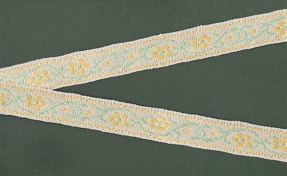 FLORAL E-55-B Jacquard Ribbon Cotton Trim 7/8" Wide (22mm) VINTAGE Made in ITALY, Beige Linen, Yellow Flowers, Green Vines, Per Yard