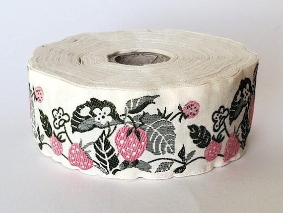 KAFKA G-07/101 Jacquard Ribbon Woven Organic Cotton Trim 1-1/4" wide (32mm) Ivory w/Pink Strawberries & Pink Ladybugs, Olive Green Leaves