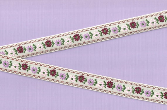 FLORAL D-16-B Jacquard Ribbon Cotton Trim 3/4" wide (20mm) VINTAGE, Lt Beige w/Pink, Lilac & Burgundy Flowers, Green Accents