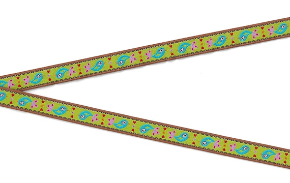 ANIMALS/Birds B-07-A Jacquard Ribbon Poly Trim 1/2" Wide (13mm) Fax, Made in Germany, Narrow, Lime Background w/Turquoise Birds