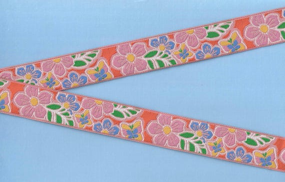 FLORAL F-05-A Jacquard Ribbon Poly Trim 1" wide (25mm) Orange/Rose Background w/Large Pink & Small Blue Hibiscus Flowers, Green Leaves