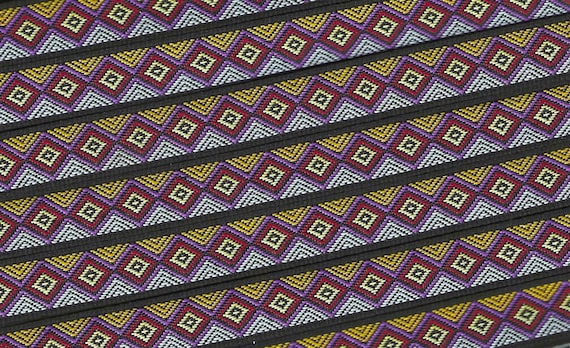 GEOMETRIC B-15-A Jacquard Ribbon Poly Trim 1/2" Wide (13mm) Diamond Pattern in Black, Lt Blue, Yellow, Purple & Red