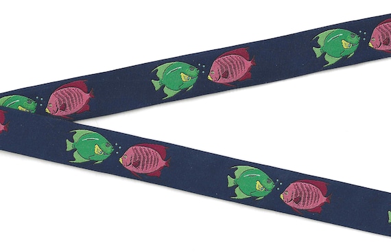 ANIMALS/Water E-36-A Jacquard Ribbon Poly Trim 7/8" wide (22mm) Dark Navy Background w/Green and Coral Pink Tropical Fish