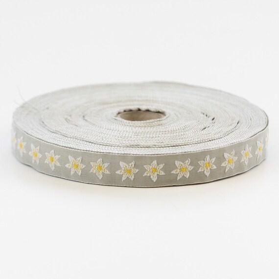 KAFKA C-07/02 Jacquard Ribbon Woven Organic Cotton Trim 9/16" wide (15mm) "Lemon Blossoms" Beige w/Petite White Flowers, Yellow Accents