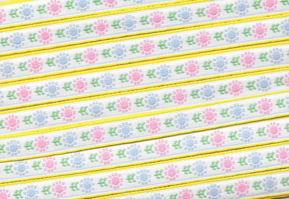 FLORAL A-15-F Jacquard Ribbon Poly Blend Trim 7/16" wide White Background w/Yellow Border, Pink & Blue Flowers Green Leaves