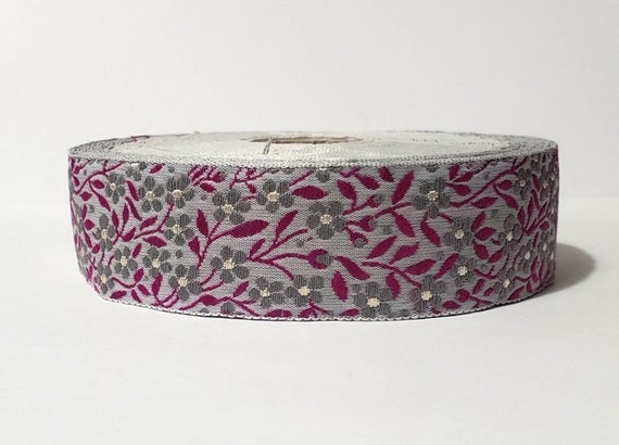 KAFKA F-01/18 Jacquard Ribbon Woven Organic Cotton Trim 1" wide (25mm) Gray w/Dark Gray & Ivory Forget-Me-Nots, Fuchsia Leaves