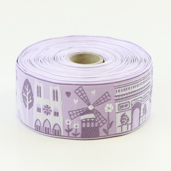 KAFKA H-17/03 Jacquard Ribbon Woven Organic Cotton Trim, 1+9/16" wide (40mm) PARIS Collection - Skyline in White, Purple & Lilac