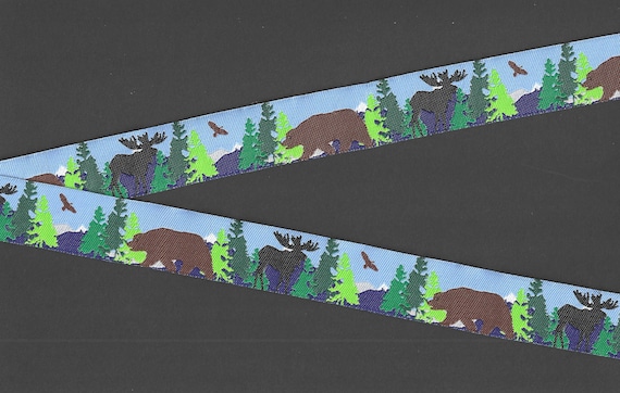 RDS E-19-D Jacquard Ribbon Polyester Trim 7/8" wide (22mm) Sky Blue Background w/Mountains, Trees, Brown Bears, Black Moose, Eagles