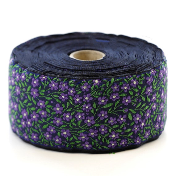 KAFKA K-02/05 Jacquard Ribbon Woven Organic Cotton Trim 2" wide (50mm) Navy w/Purple & Yellow Forget-Me-Nots, Green Leaves