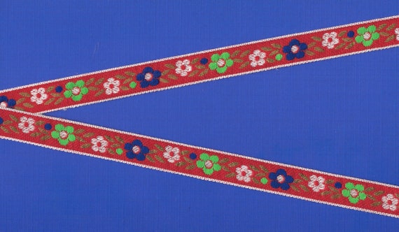 FLORAL C-40-M Jacquard Ribbon Trim, Cotton, 5/8" Wide, Red Background with White, Blue & Lime Flowers, Olive Leaves