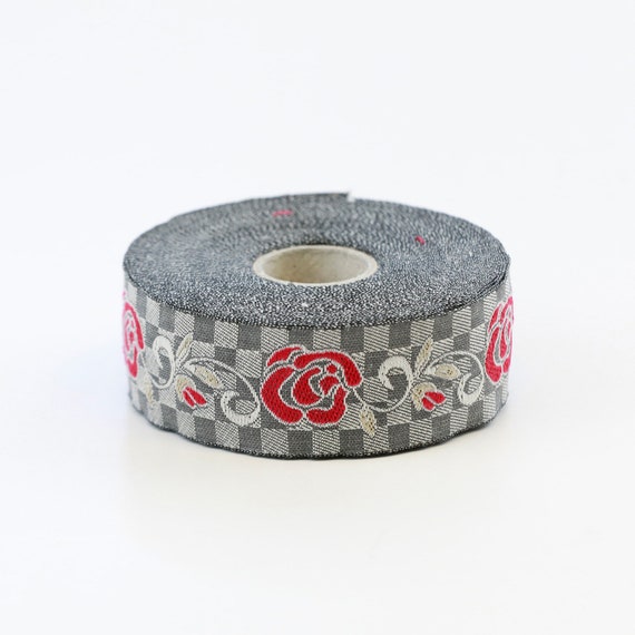 KAFKA F-07/02 Jacquard Ribbon Woven Organic Cotton Trim 1" wide (25mm) Gray "Checkerboard" Red Roses, White Scrolls, Beige Leaves, Per Yard