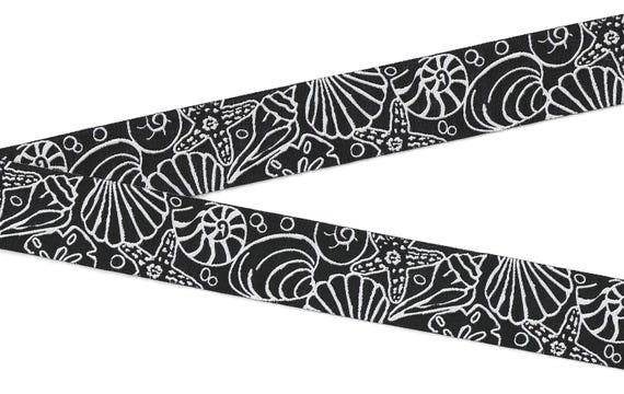 NOVELTY/Beach G-14-A Jacquard Ribbon Poly Trim 1-1/8" wide (28mm) Douglas Paquette REVERSIBLE Variety of Black & White Seashells, REMNANTS