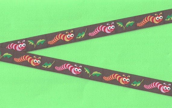 INSECTS C-12-A Jacquard Ribbon Polyester Trim 5/8" wide (16mm) Brown Background w/Pink, Orange & Yellow Striped Caterpillars and Leaves