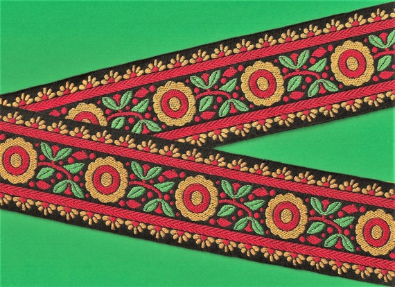 FLORAL M-18-B Jacquard Ribbon Cotton Trim 2-5/8" wide (66mm) VINTAGE German Folk Black w/Red & Golden Yellow Flowers, Green Leaves, Per Yard
