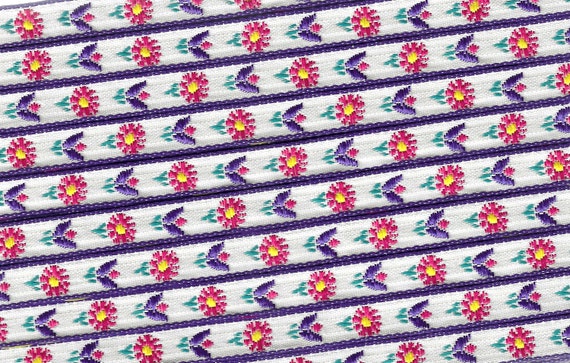 FLORAL A-36-A Jacquard Ribbon Woven Cotton Trim 3/8" wide (9mm) VINTAGE, White w/ Hot Pink/Purple/Yellow Flowers, Green Stems