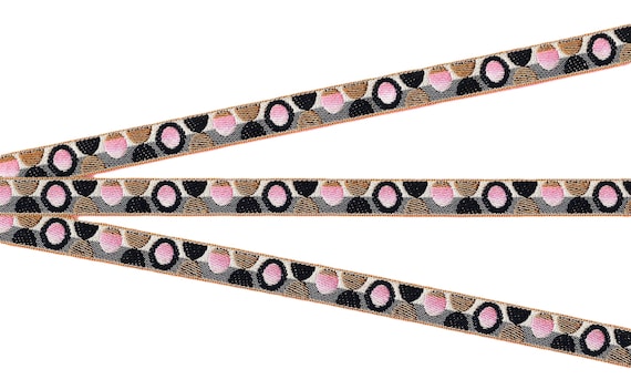 POLKA DOTS B-21-H Jacquard Ribbon Poly Trim 1/2" wide (13mm) RARE Made in France, Navy Blue, Pink & Carmel Mod Retro Polka Dots