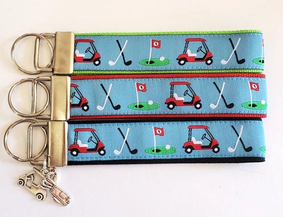 SPORTS Jacquard Ribbon/Nylon Web 1" wide (25mm) Key Fobs, Blue w/Golf Carts & Charms, Keychain Wristlet Luggage Tags 5.5" long, Zipper Pulls