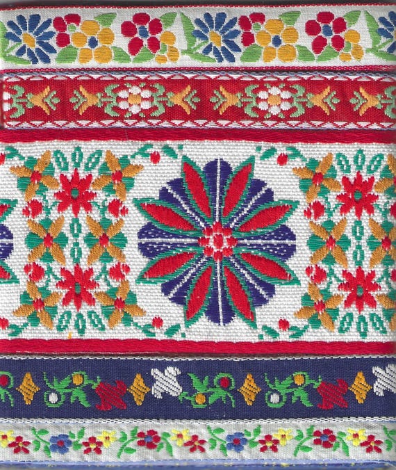RIBBON PAK-123 Jacquard Ribbon Woven Cotton Trim, 1yd lengths of 5 Nordic Floral Designs in White, Red, Yellow, Blue & Green