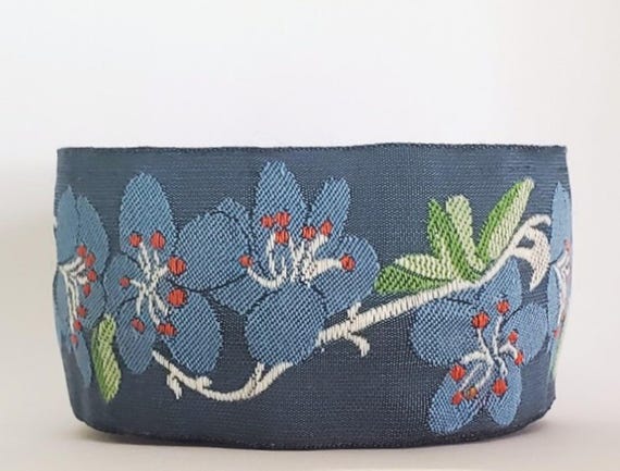 KAFKA H-06/02 Jacquard Ribbon Woven Organic Cotton Trim 1-5/8" wide (40mm) Lt Gray Background w/Gray Cherry Blossoms, Green Leaves