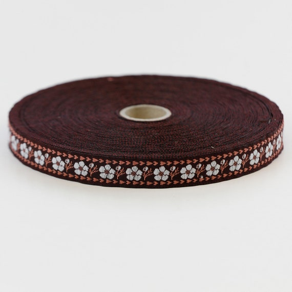 KAFKA C-06/11 Jacquard Ribbon Woven Organic Cotton Trim 9/16" wide (15mm) "Wood Rose" Sweet Petite Flowers in Dk Brown, Apricot & White