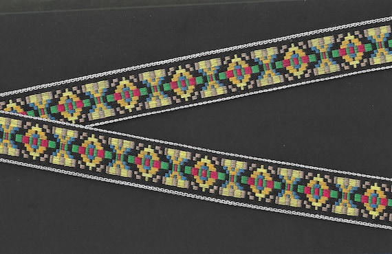 NATIVE AMERICAN F-12-A Jacquard Ribbon Cotton Trim 1-1/16" wide (26mm) Black Background Tan Borders w/Multi-Colored Native Design REMNANTS